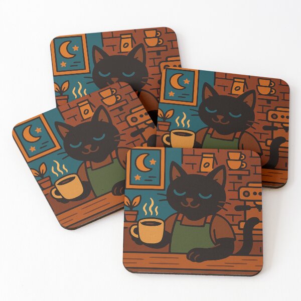 Item preview, Black Cat Barista | Cute Coffee Shop Cat Art in Retro Style designed and sold by PixieBees.