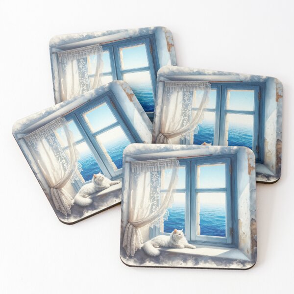 Item preview, Watercolor White Cat In Ocean Window designed and sold by Maria Dryfhout.