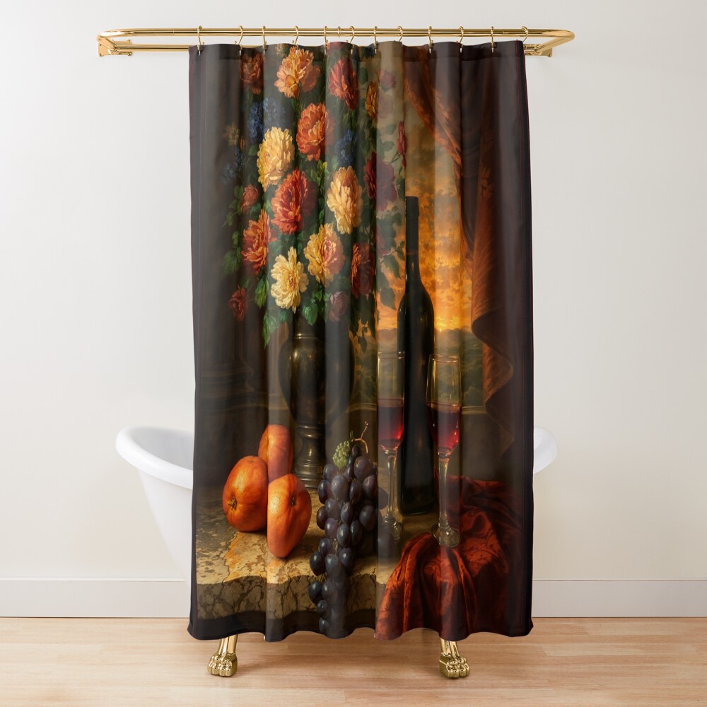 Dutch Inspired Fruit And Wine Still Life Overlooking Sunset Landscape AI Concept Art by Xzendor7 | Natures Natural Beauty 3 Dutch Inspired Fruit And Wine Still Life Overlooking Sunset Landscape Captivaitng AI Concept Art by Xzendor7 Decorative Art Print Shower Curtain