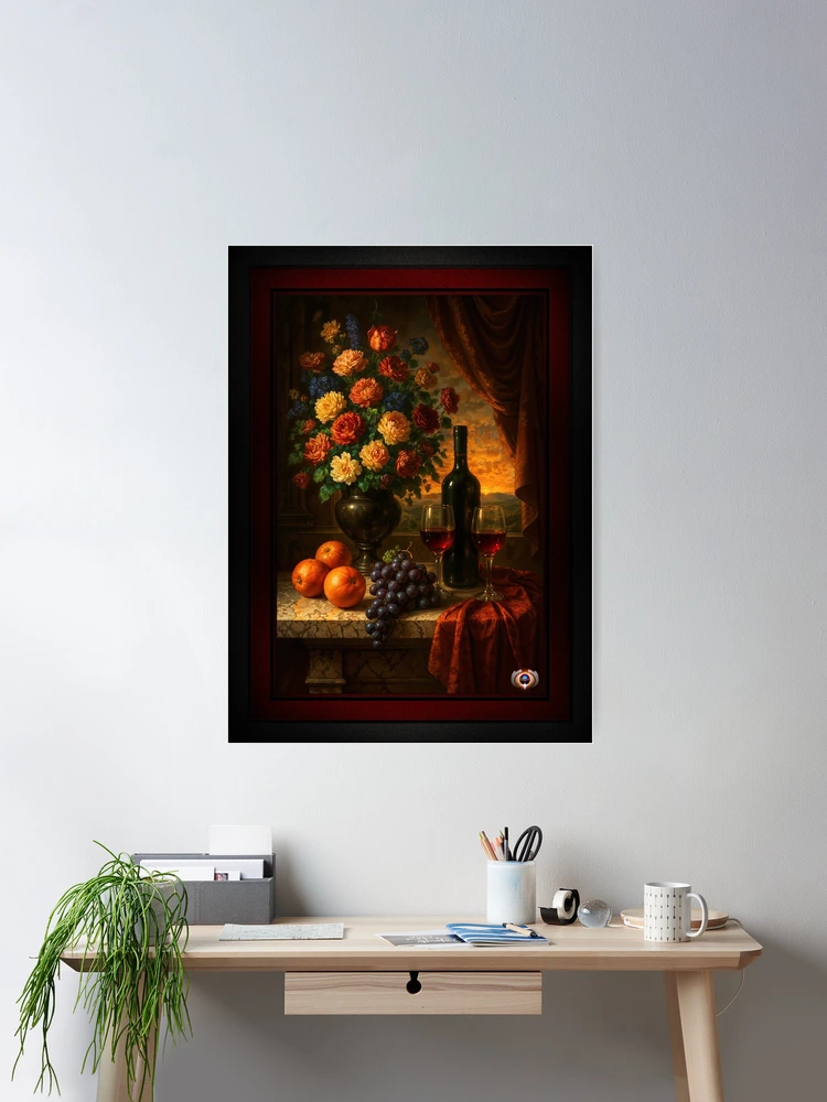 Dutch Inspired Fruit And Wine Still Life Overlooking Sunset Landscape AI Concept Art by Xzendor7 | Natures Natural Beauty 2 Dutch Inspired Fruit And Wine Still Life Overlooking Sunset Landscape Captivating AI Concept Art by Xzendor7 Room Decor Poster Art Print