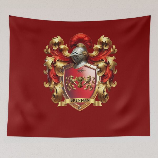 Item preview, Brennan Family Crest – Irish Red Shield with Lions & Sheaf designed and sold by Highlandkings.
