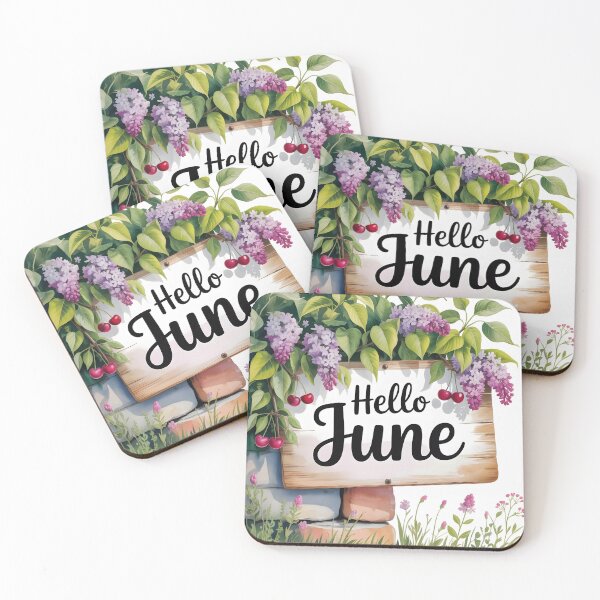 Item preview, Hello June wooden sign with cherries and lilacs summer beginning calendar month art designed and sold by EmeraldeaArt.