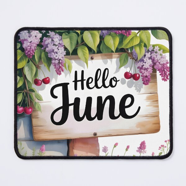 Item preview, Hello June wooden sign with cherries and lilacs summer beginning calendar month art designed and sold by EmeraldeaArt.