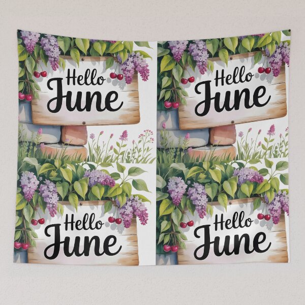 Item preview, Hello June wooden sign with cherries and lilacs summer beginning calendar month art designed and sold by EmeraldeaArt.