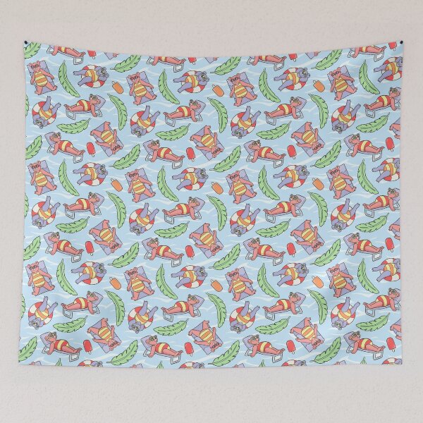 Item preview, Fun in the Sun Tropical Bears at the Pool Pastel Artwork Pattern with Palm Tree Leaves designed and sold by HappyHannahArt.
