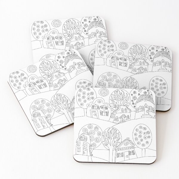 Item preview, Whimsical Forest Village – Black & White Coloring Page designed and sold by chuckletuckle.