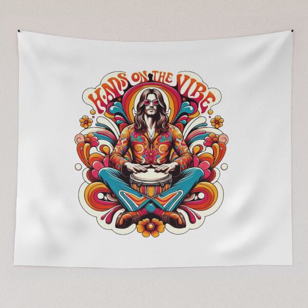 Item preview, Psychedelic Drummer Art – Hands on the Vibe 70s Retro Design designed and sold by JenniferCreaArte .