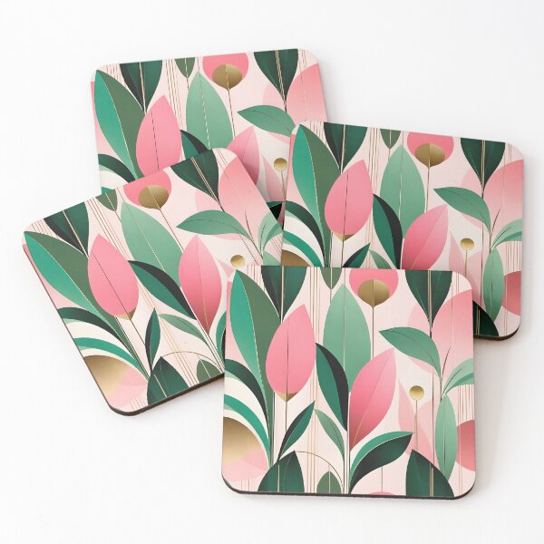 Item preview, Mid Century Botanical Retro Geometric Leaves  FloralsPink, Dark Green designed and sold by Prints and Lifestyle.