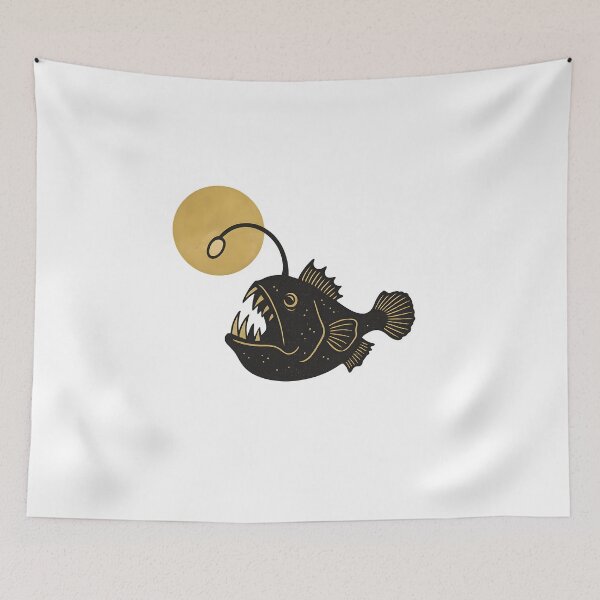 Item preview, Minimalist Deep Sea Anglerfish Illustration – Black and Gold Bioluminescent Fish Design on Handmade Paper Texture – Creepy Cute Ocean Creature Art for Stickers, T-Shirts, Posters designed and sold by ButonDesign.