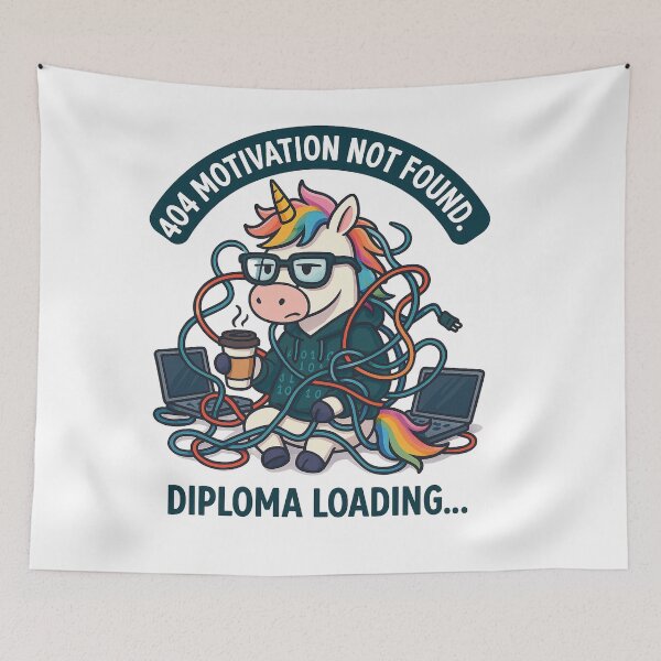 Item preview, Unicorn Student in Code Chaos – 404 Motivation Not Found designed and sold by Asbiell.