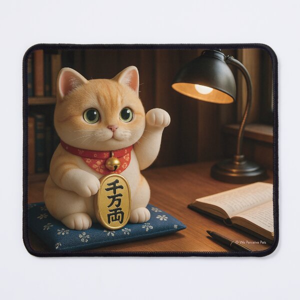 Item preview, WE PERCEIVE PETS | Chubby Meow Space - Cutest Guardians - Maneki Neko / Lucky Cat Goldlion Sitting in Front of Bookshelf designed and sold by Luis Wong | We Perceive.