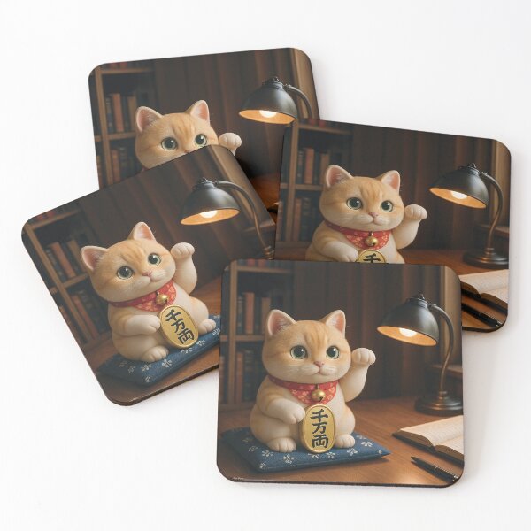 Item preview, WE PERCEIVE PETS | Chubby Meow Space - Cutest Guardians - Maneki Neko / Lucky Cat Goldlion Sitting in Front of Bookshelf designed and sold by Luis Wong | We Perceive.