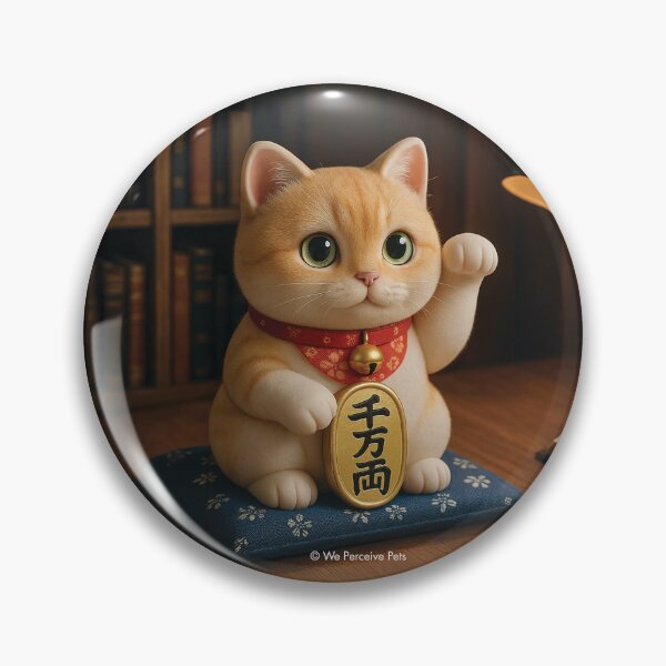 Item preview, WE PERCEIVE PETS | Chubby Meow Space - Cutest Guardians - Maneki Neko / Lucky Cat Goldlion Sitting in Front of Bookshelf designed and sold by Luis Wong | We Perceive.