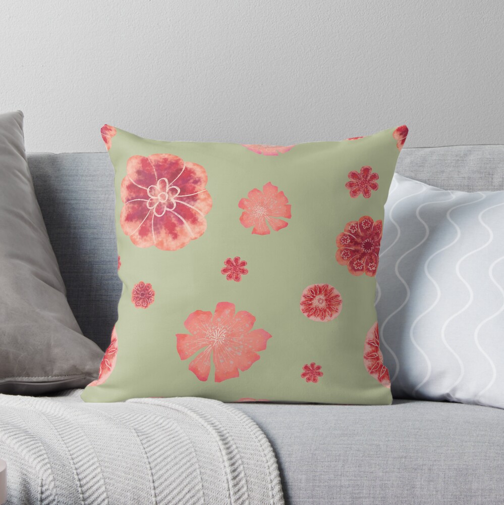 Red flowers on sage green pattern Throw Pillow