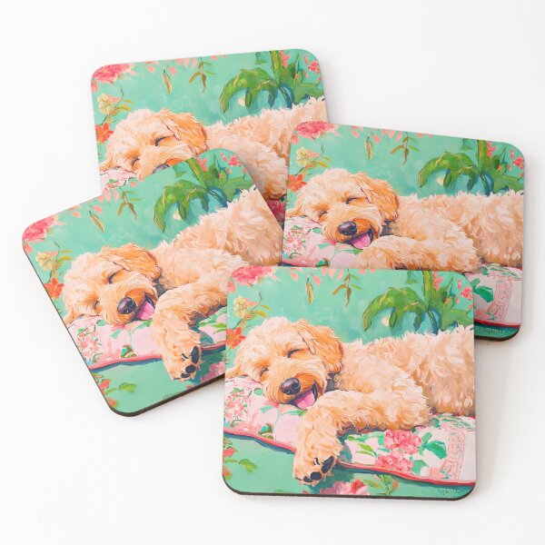 Item preview, Grandmillennial art, Sweet Dreams, happy sleeping Labradoodle designed and sold by SophieClimaArt.