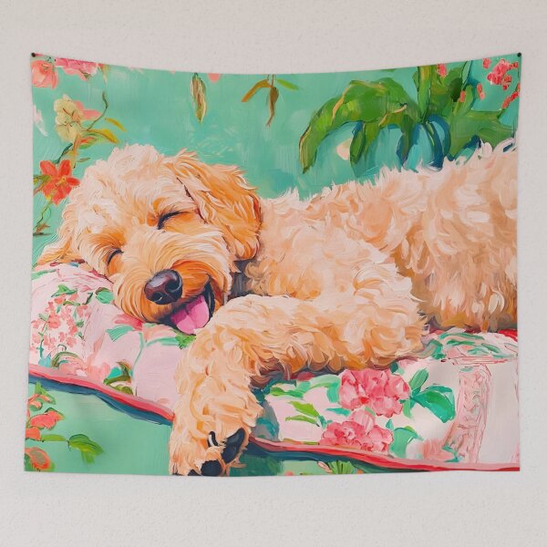 Item preview, Grandmillennial art, Sweet Dreams, happy sleeping Labradoodle designed and sold by SophieClimaArt.