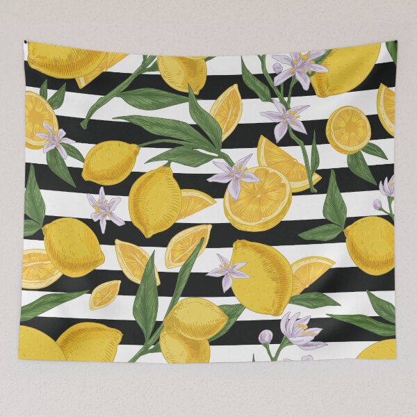 Item preview, Fresh Lemons on Black and White Stripes - Summer Fruit Pattern   designed and sold by Jackie.Bloom.