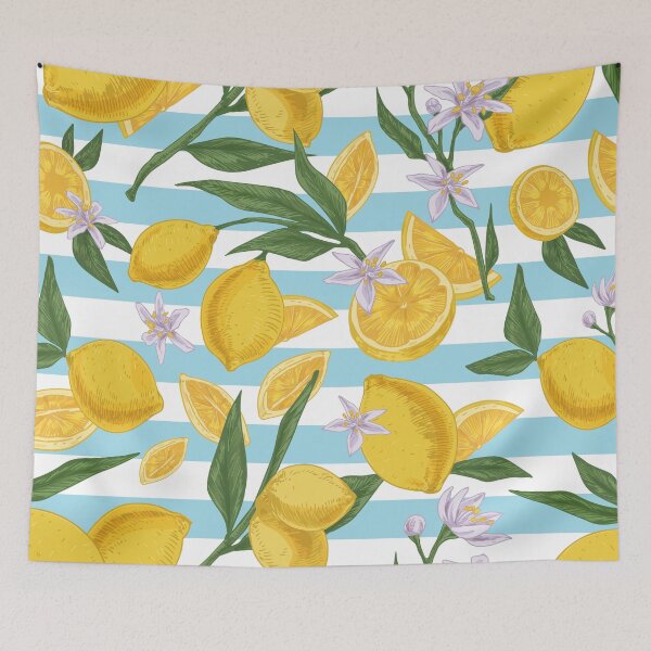Item preview, Fresh Lemons on Blue and White Stripes - Summer Fruit Pattern   designed and sold by Jackie.Bloom.