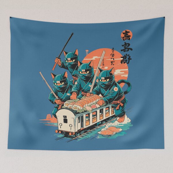 Item preview, Cat Ninjas on the Train – Action Packed Japanese Scene designed and sold by Anno Meister.