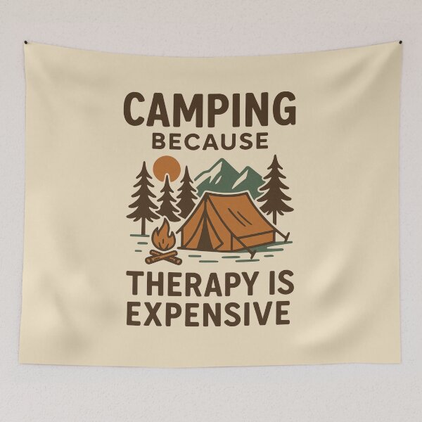 Item preview, Camping Because Therapy Is Expensive – Vintage Camping Illustration designed and sold by Meandmyshop.
