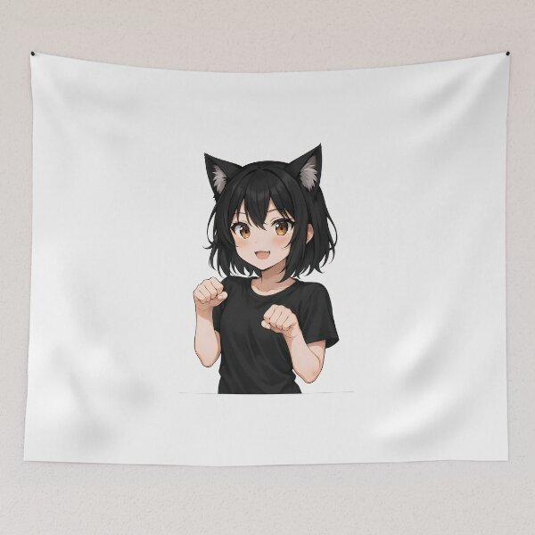 Item preview, Cute Anime Cat Girl with Black Hair and Playful Pose designed and sold by Amr Siam.