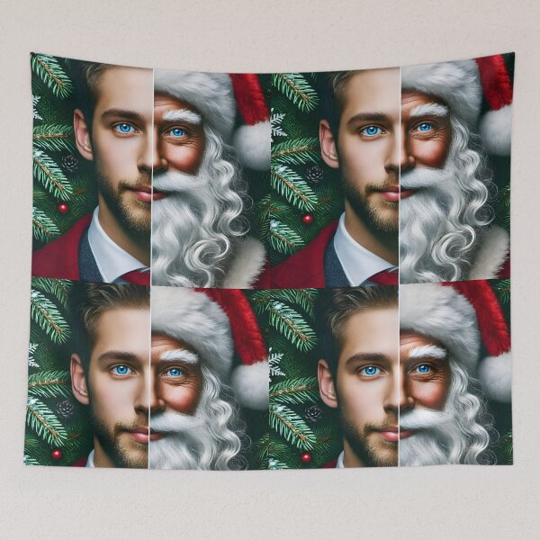 Item preview, Santa Then and Now – Split Portrait of Young Man and Classic Santa Claus designed and sold by EmeraldeaDesign.