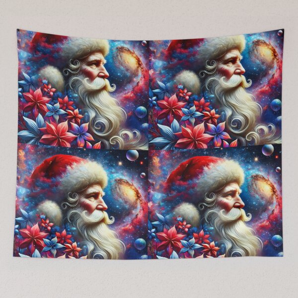 Item preview, Cosmic Santa – Galaxy Christmas Art with Red and Blue Poinsettias designed and sold by EmeraldeaDesign.