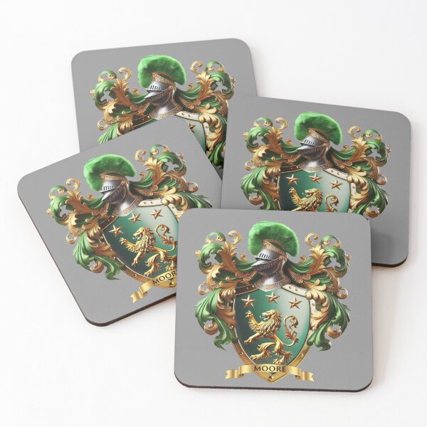 Item preview, Moore Family Crest – Irish Green Shield with Gold Lion & Stars designed and sold by Highlandkings.
