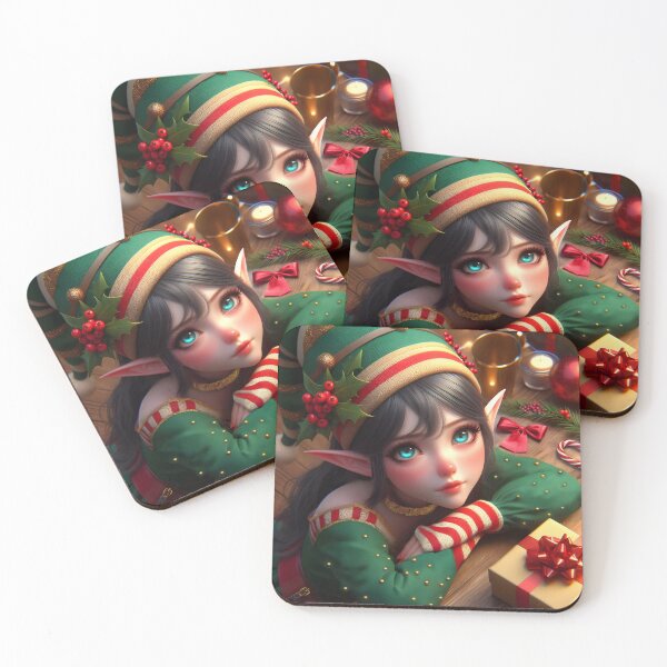 Item preview, Beautiful pointy-eared elf girl at a Christmas gift wrapping table designed and sold by EmeraldeaDesign.