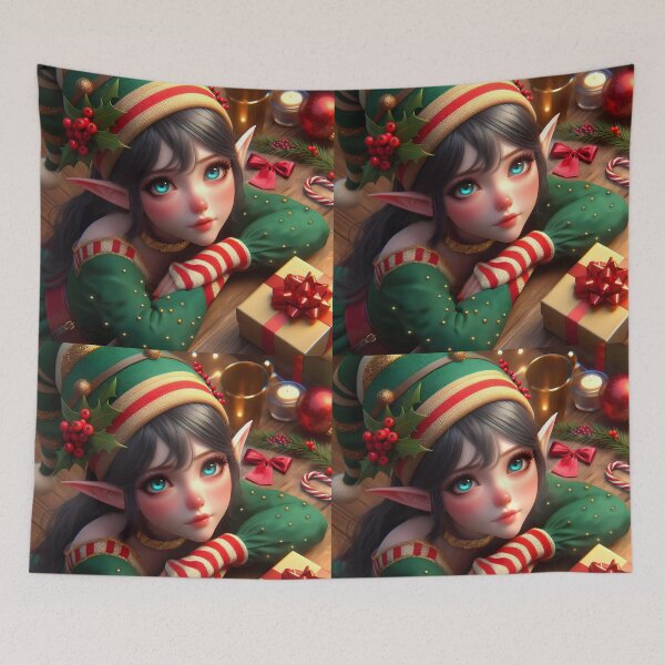 Item preview, Beautiful pointy-eared elf girl at a Christmas gift wrapping table designed and sold by EmeraldeaDesign.