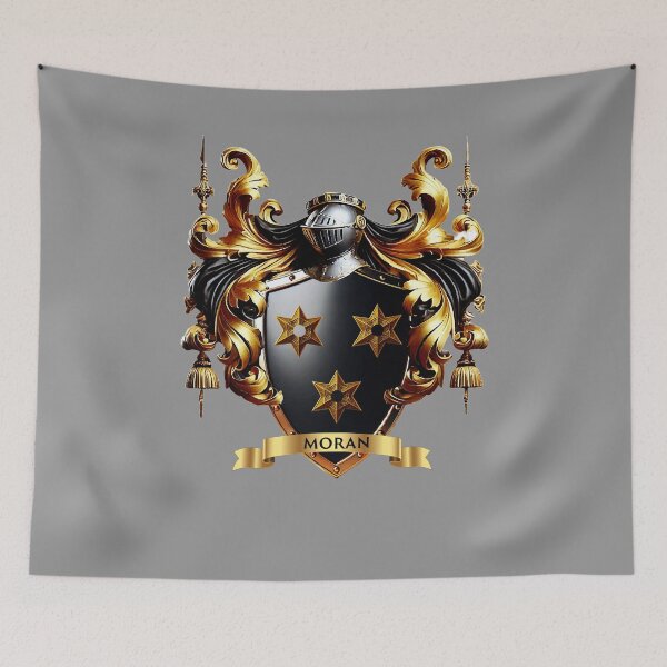 Item preview, Moran Family Crest – Irish Black Shield with Three Gold Stars designed and sold by Highlandkings.
