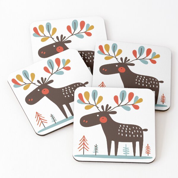 Item preview, Cute Christmas Moose with Colorful Antlers in Winter Forest by heidiannemorris © designed and sold by FOLK ART FUSION by heidiannemorris.