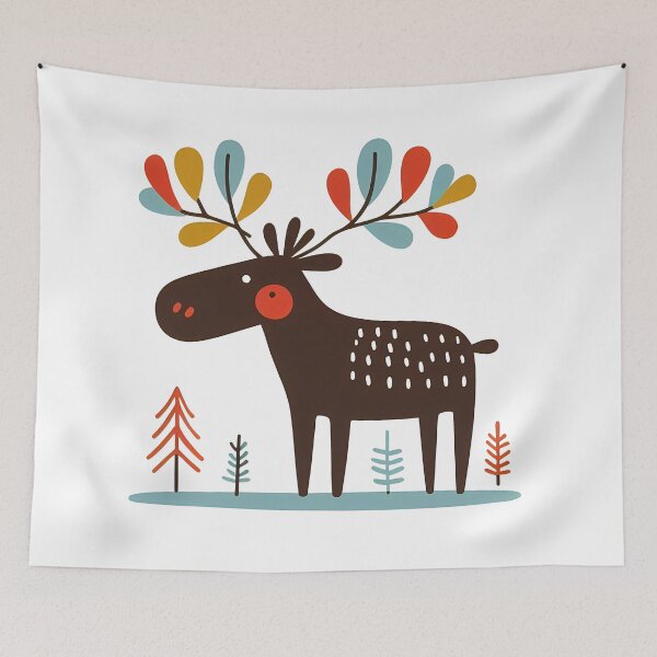 Item preview, Cute Christmas Moose with Colorful Antlers in Winter Forest by heidiannemorris © designed and sold by FOLK ART FUSION by heidiannemorris.