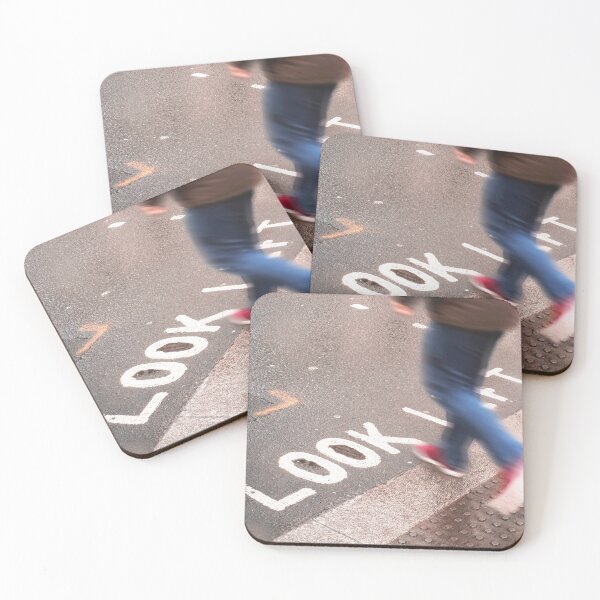 Item preview, London, England I Pedestrian in motion on a crossing with Look Left inscription on the ground under the rain in the urban dynamic of a London street with a retro vintage autumn aesthetic designed and sold by Julie Travel Photography.