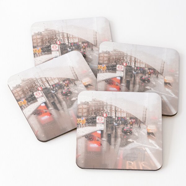 Item preview, London, England I View of a rainy street through the fogged window of a legendary red London bus capturing nostalgic atmosphere and vibrant colors of the city in the rain with grey moody aesthetic designed and sold by Julie Travel Photography.