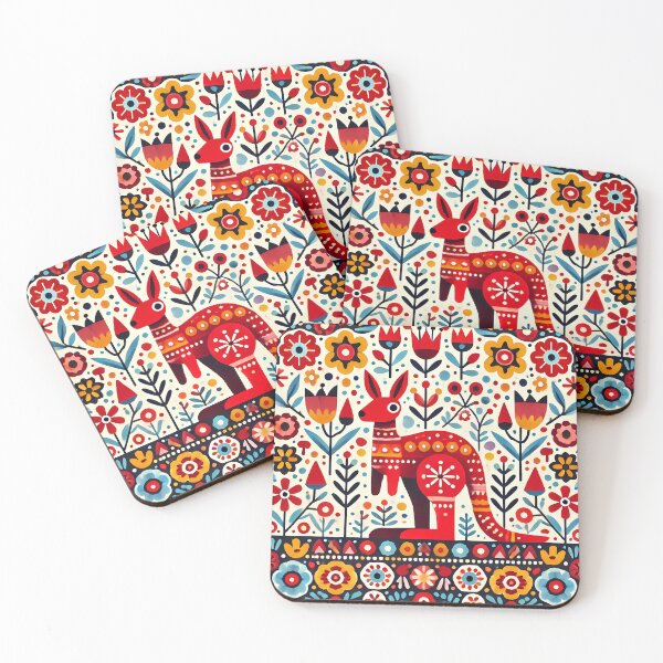 Item preview, Scandinavian Folk Art Colourful Patterned Red Kangaroo by heidiannemorris © designed and sold by FOLK ART FUSION by heidiannemorris.