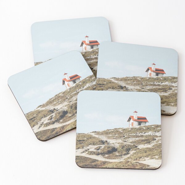 Item preview, Dolomites, Italy I The little red roof chapel church overlooking the green mountains of the Tre Cime with a retro vintage analog film photography featuring a minimalist geometric design art composition designed and sold by Julie Travel Photography.