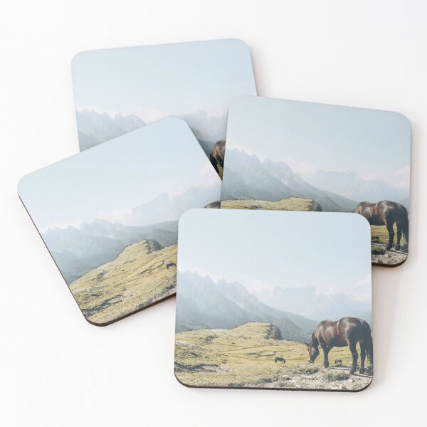 Item preview, Dolomites, Italy I Free roaming wild horse in the Tre Cime mountains and panoramic view of the peaks on an alpine hike through lush green mountain pastures skyline and breathtaking natural landscapes designed and sold by Julie Travel Photography.