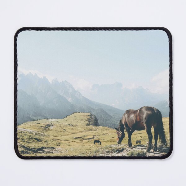 Item preview, Dolomites, Italy I Free roaming wild horse in the Tre Cime mountains and panoramic view of the peaks on an alpine hike through lush green mountain pastures skyline and breathtaking natural landscapes designed and sold by Julie Travel Photography.