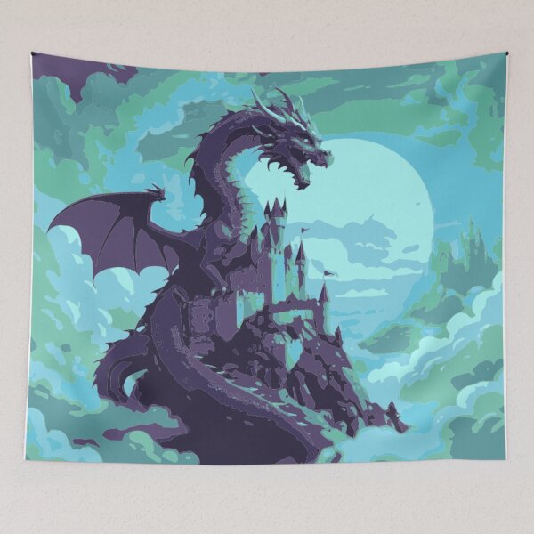 Item preview, Moonlit Dragon Over Sky Castle – Fantasy Illustration designed and sold by LuxuryApparels.