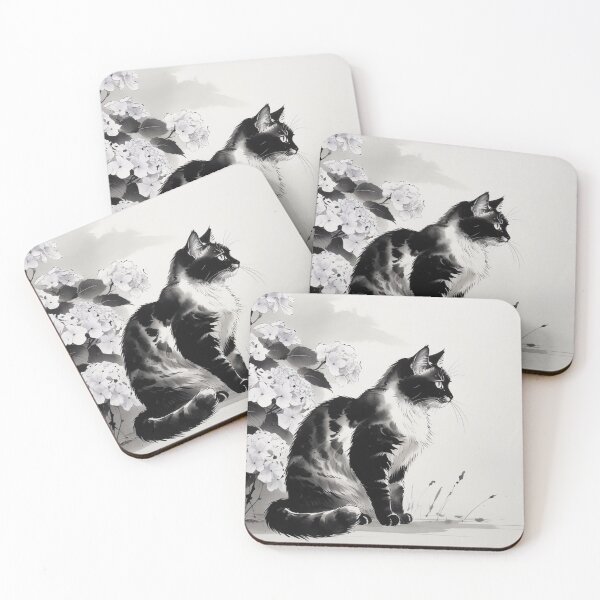 Item preview, Ink Cat with Hydrangeas – Minimal Zen Beauty designed and sold by LEO'S CREATURE　れおずくりーちゃー.