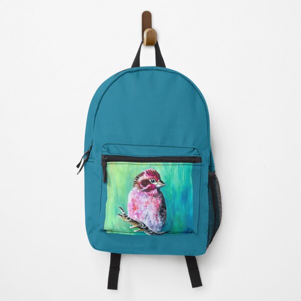 Item preview, A little painting of the Pine Grosbeak Finch set against beautiful muted greens and blues designed and sold by Tricia Saroya Designs.