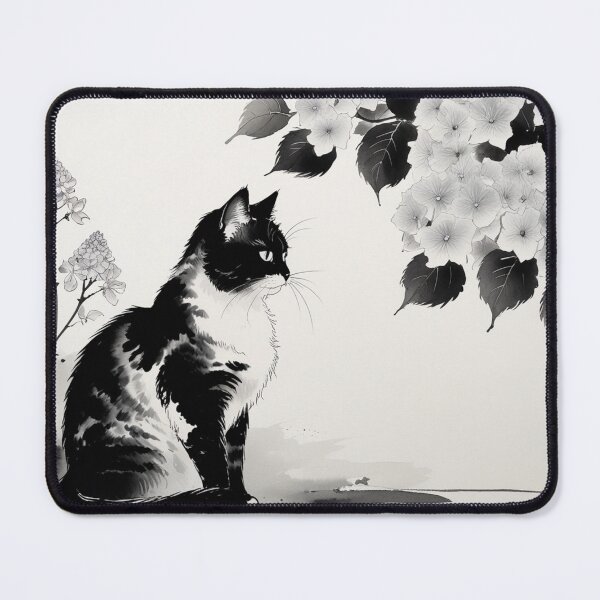 Item preview, Ink-Style Cat and Hydrangeas – Black and White Design designed and sold by LEO'S CREATURE　れおずくりーちゃー.