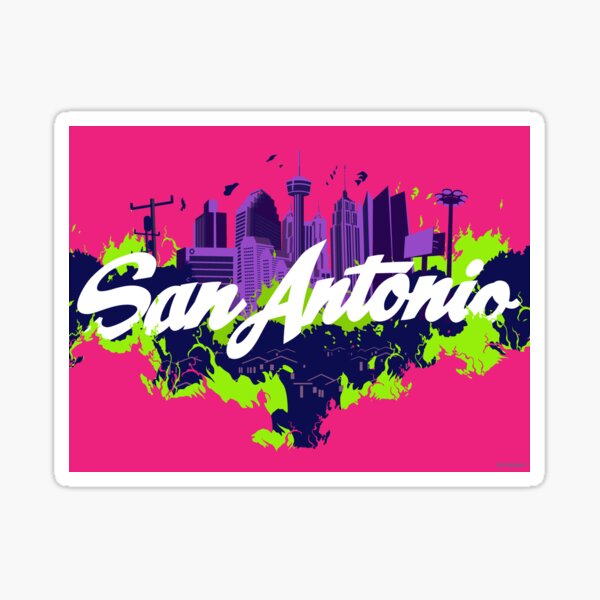 Aperçu de l'œuvre Flaming San Antonio, version texte rose et verte créée et vendue par Pizzzzapants.
