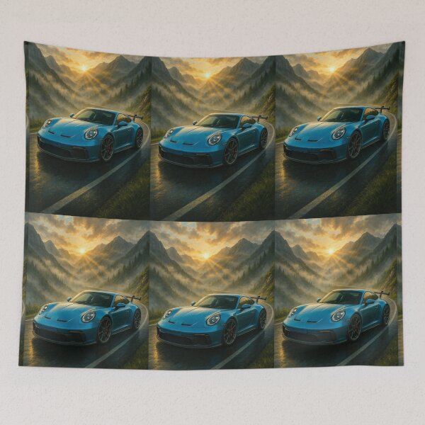 Item preview, Sports Car Driving Through Misty Mountain Road At Sunrise designed and sold by RevUpDesign.