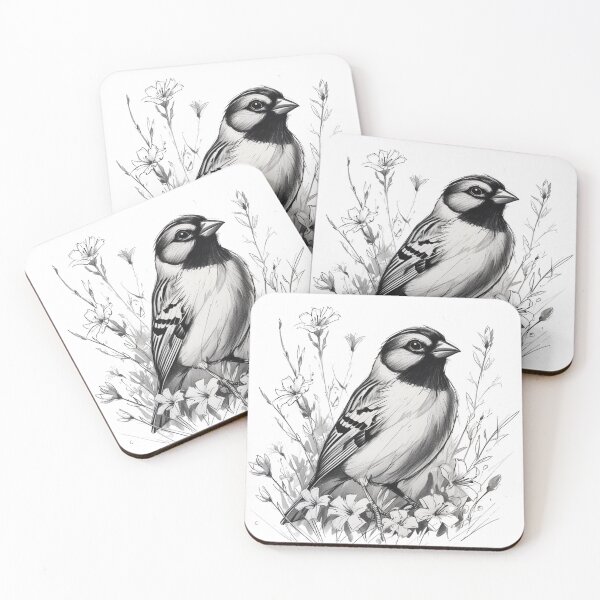 Item preview, Chubby Zebra Finch in a Field of Flowers Black and White 11 designed and sold by AlinaSCorner.