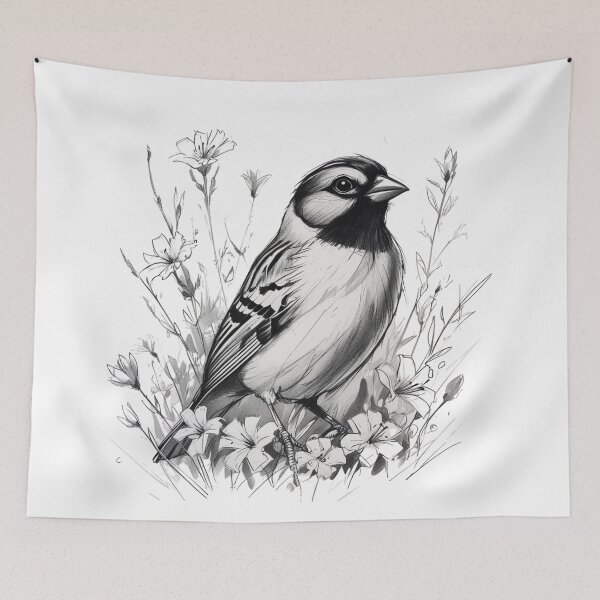 Item preview, Chubby Zebra Finch in a Field of Flowers Black and White 11 designed and sold by AlinaSCorner.