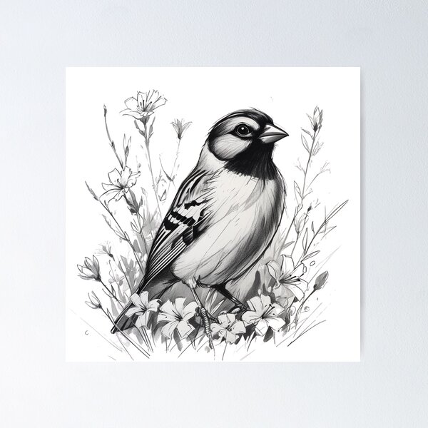 Item preview, Chubby Zebra Finch in a Field of Flowers Black and White 11 designed and sold by AlinaSCorner.
