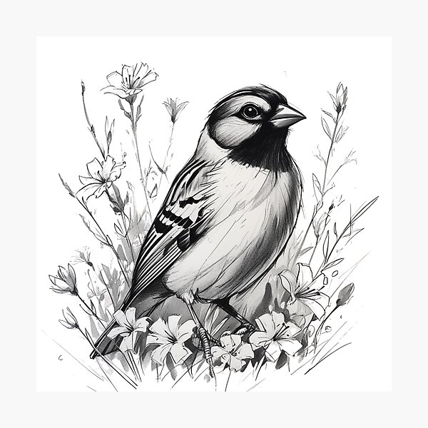 Item preview, Chubby Zebra Finch in a Field of Flowers Black and White 11 designed and sold by AlinaSCorner.