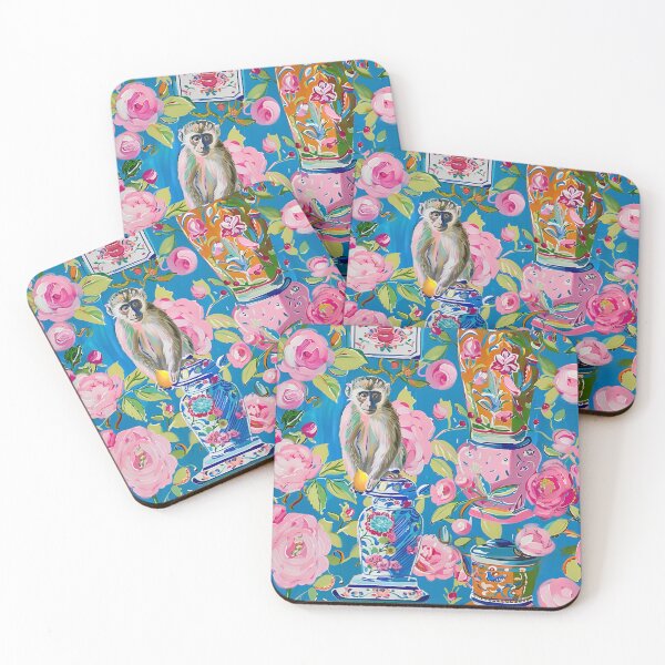 Item preview, Preppy Chinoiserie monkey, pink peonies and ginger jars on blue designed and sold by SophieClimaArt.
